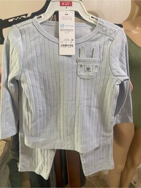 Carter's Light Blue Ribbed Long-Sleeve Top with Bunny Pocket and pants